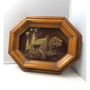Les Seamster Metal Etching Art Original Signed Log Cabin Forest Wood Frame